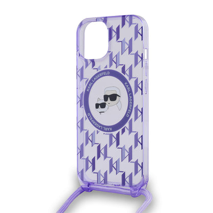 Capa MagSafe para Apple iPhone 15, Karl Lagerfeld, IML Crossbody Monograma Karl & Choupette's Heads, Roxo