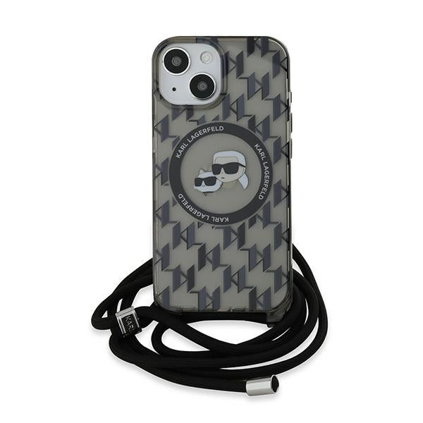 Capa MagSafe para Apple iPhone 15, Karl Lagerfeld, IML Crossbody Monogram Karl & Choupette's Heads, Preta