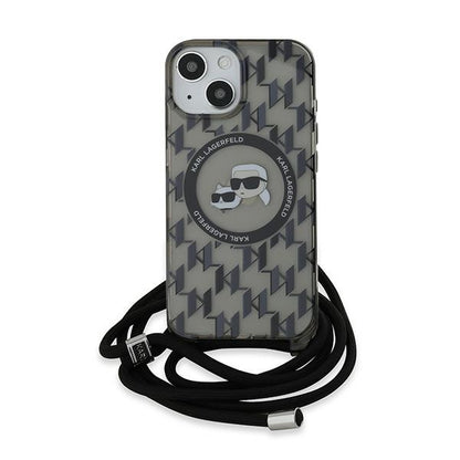 Capa MagSafe para Apple iPhone 15, Karl Lagerfeld, IML Crossbody Monogram Karl & Choupette's Heads, Preta