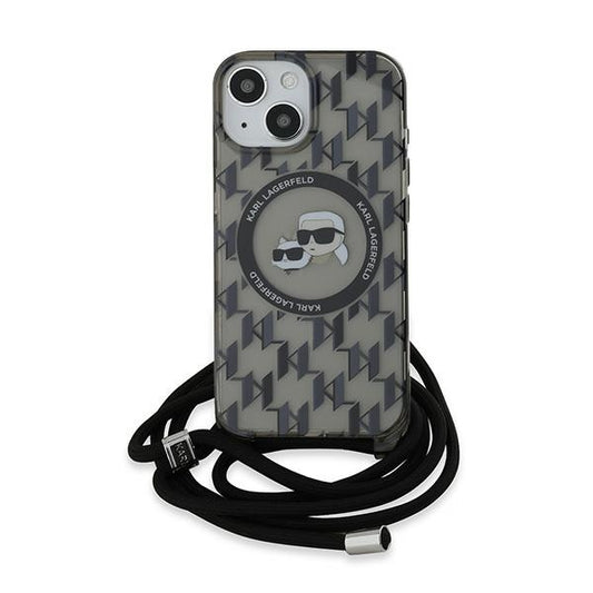 Capa MagSafe para Apple iPhone 15, Karl Lagerfeld, IML Crossbody Monogram Karl & Choupette's Heads, Preta