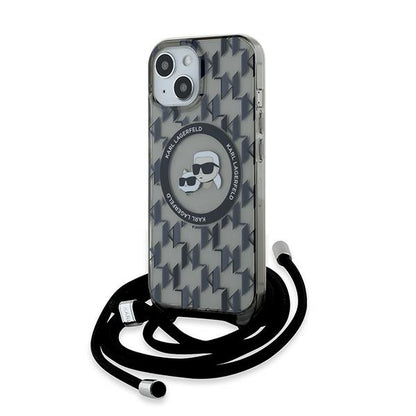 Capa MagSafe para Apple iPhone 15, Karl Lagerfeld, IML Crossbody Monogram Karl & Choupette's Heads, Preta