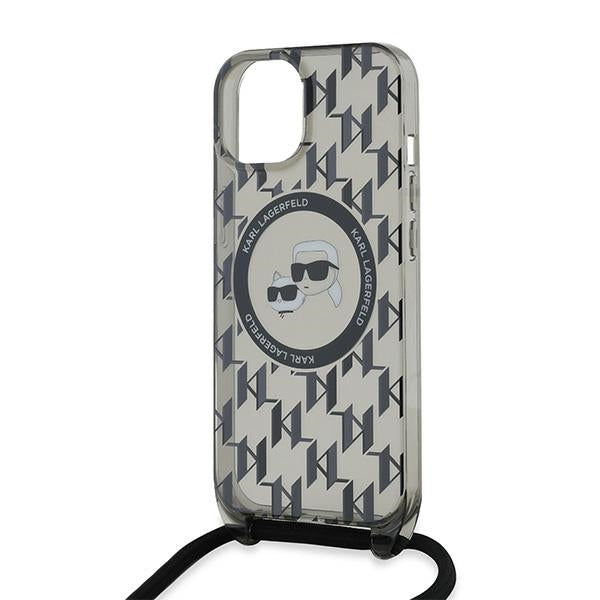 Capa MagSafe para Apple iPhone 15, Karl Lagerfeld, IML Crossbody Monogram Karl & Choupette's Heads, Preta