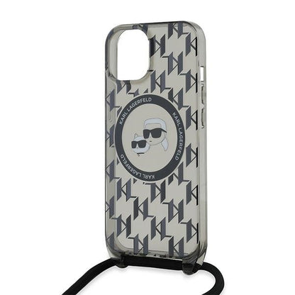 Capa MagSafe para Apple iPhone 15, Karl Lagerfeld, IML Crossbody Monogram Karl & Choupette's Heads, Preta
