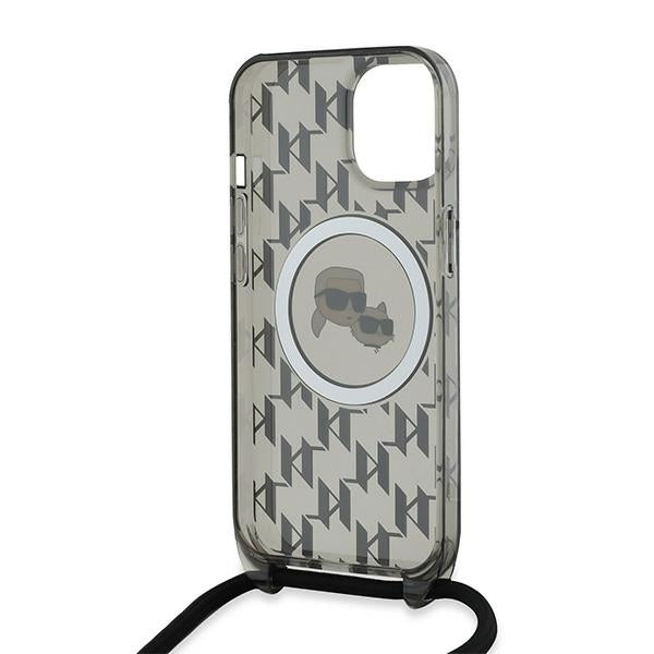 Capa MagSafe para Apple iPhone 15, Karl Lagerfeld, IML Crossbody Monogram Karl & Choupette's Heads, Preta