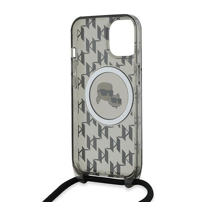 Capa MagSafe para Apple iPhone 15, Karl Lagerfeld, IML Crossbody Monogram Karl & Choupette's Heads, Preta