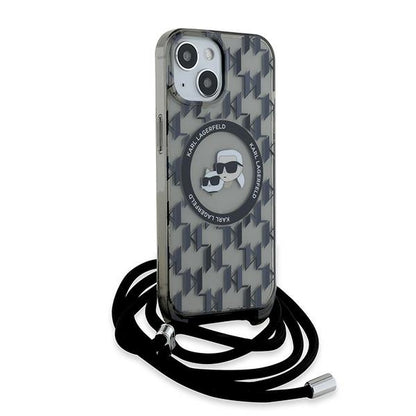 Capa MagSafe para Apple iPhone 15, Karl Lagerfeld, IML Crossbody Monogram Karl & Choupette's Heads, Preta