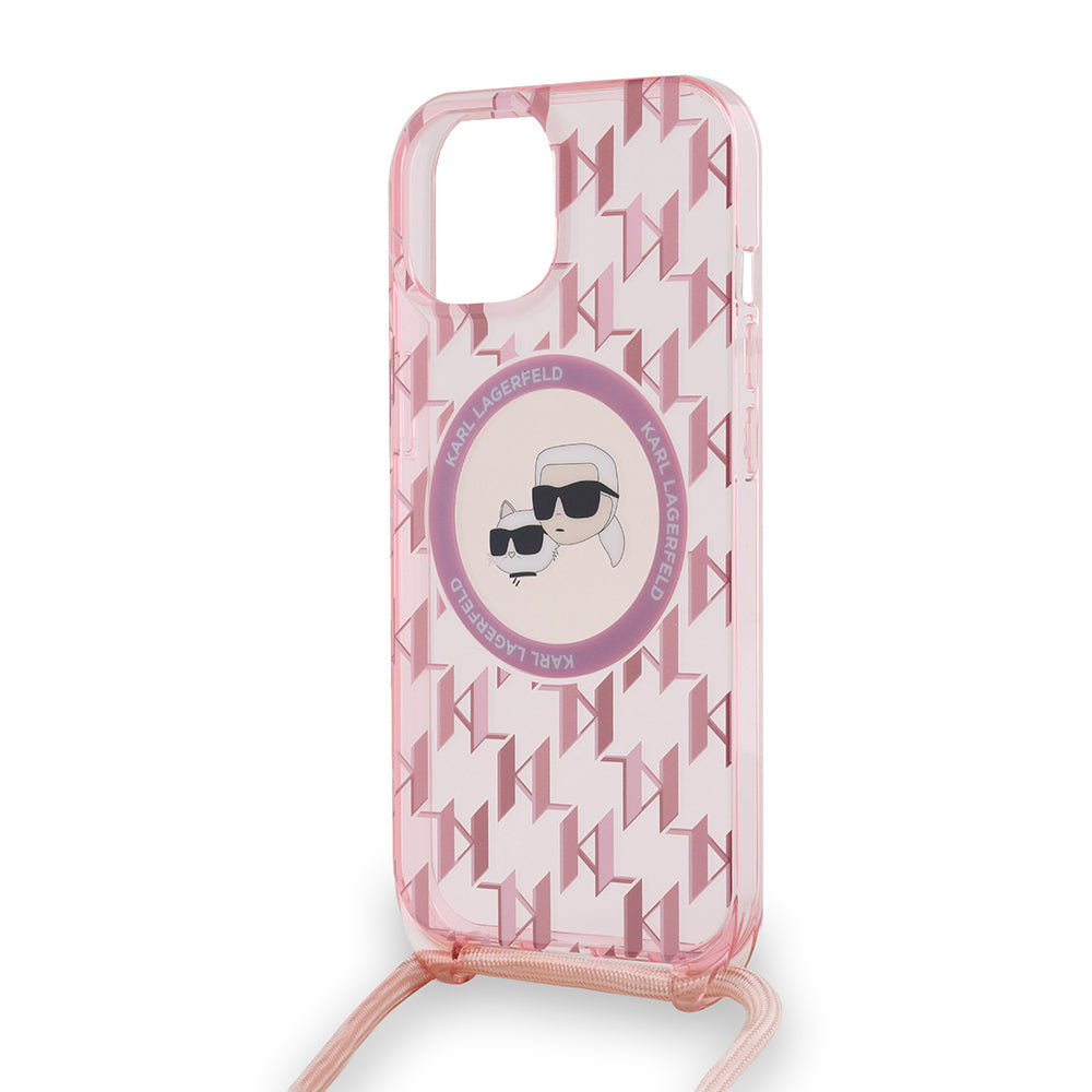Capa MagSafe para Apple iPhone 15, Karl Lagerfeld, IML Crossbody Monogram Karl & Choupette's Heads, Rosa