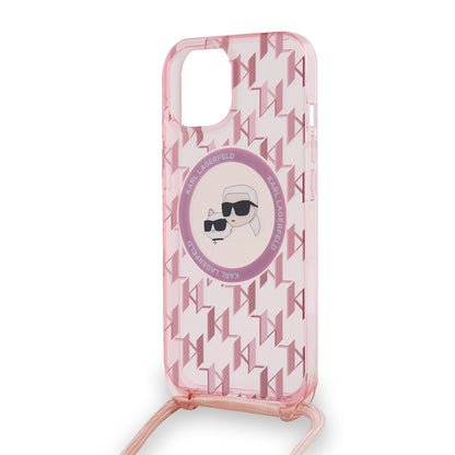 Capa MagSafe para Apple iPhone 15, Karl Lagerfeld, IML Crossbody Monogram Karl & Choupette's Heads, Rosa