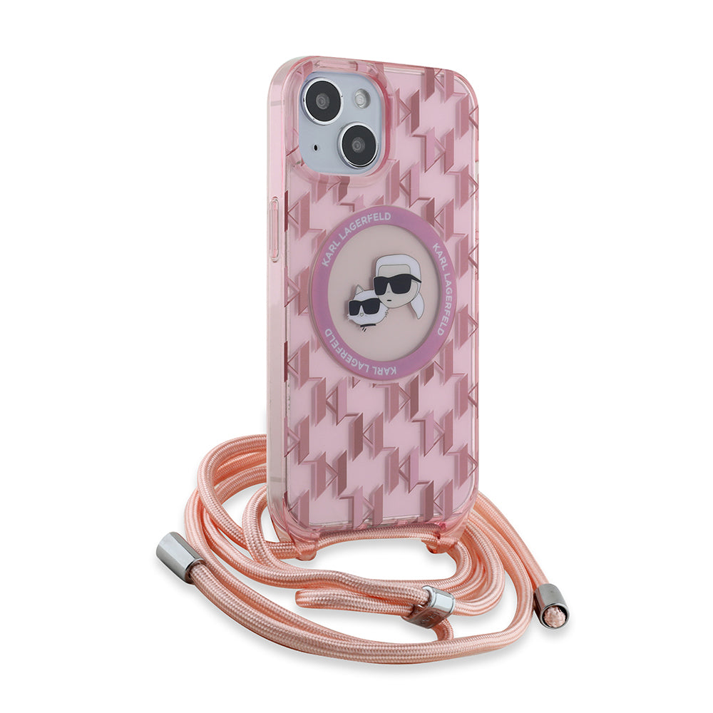 Capa MagSafe para Apple iPhone 15, Karl Lagerfeld, IML Crossbody Monogram Karl & Choupette's Heads, Rosa