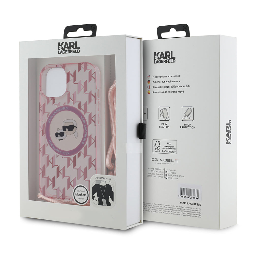 Capa MagSafe para Apple iPhone 15, Karl Lagerfeld, IML Crossbody Monogram Karl & Choupette's Heads, Rosa