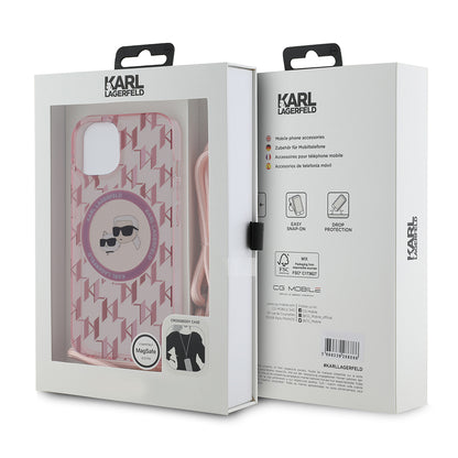 Capa MagSafe para Apple iPhone 15, Karl Lagerfeld, IML Crossbody Monogram Karl & Choupette's Heads, Rosa