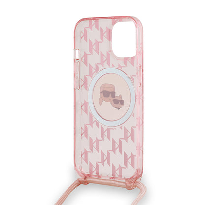 Capa MagSafe para Apple iPhone 15, Karl Lagerfeld, IML Crossbody Monogram Karl & Choupette's Heads, Rosa