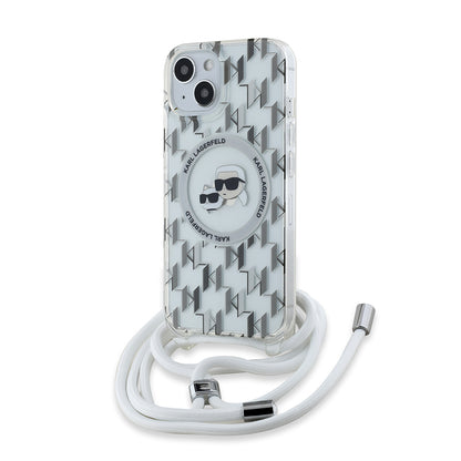 Capa MagSafe para Apple iPhone 15, Karl Lagerfeld, IML Crossbody Monogram Karl & Choupette's Heads, Transparente