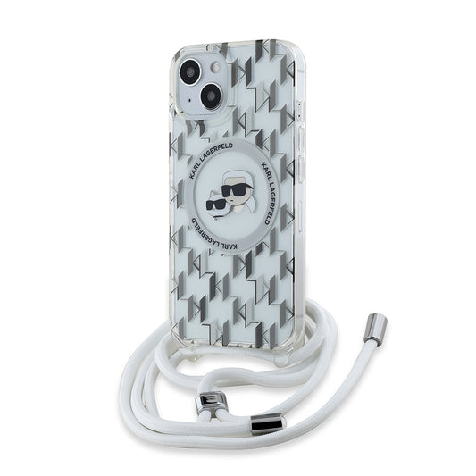 Capa MagSafe para Apple iPhone 15, Karl Lagerfeld, IML Crossbody Monogram Karl & Choupette's Heads, Transparente