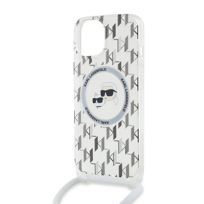 Capa MagSafe para Apple iPhone 15, Karl Lagerfeld, IML Crossbody Monogram Karl & Choupette's Heads, Transparente