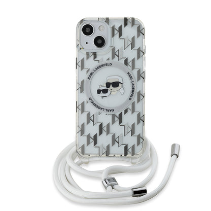 Capa MagSafe para Apple iPhone 15, Karl Lagerfeld, IML Crossbody Monogram Karl & Choupette's Heads, Transparente