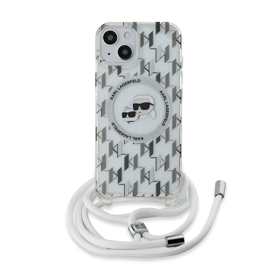 Capa MagSafe para Apple iPhone 15, Karl Lagerfeld, IML Crossbody Monogram Karl & Choupette's Heads, Transparente