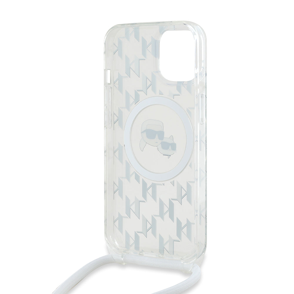 Capa MagSafe para Apple iPhone 15, Karl Lagerfeld, IML Crossbody Monogram Karl & Choupette's Heads, Transparente