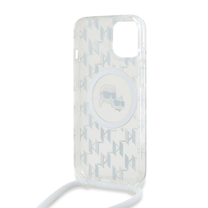 Capa MagSafe para Apple iPhone 15, Karl Lagerfeld, IML Crossbody Monogram Karl & Choupette's Heads, Transparente