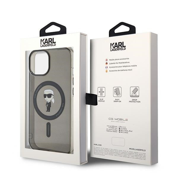 Capa MagSafe para Apple iPhone 15, Karl Lagerfeld, IML Ikonik Karl, Preta