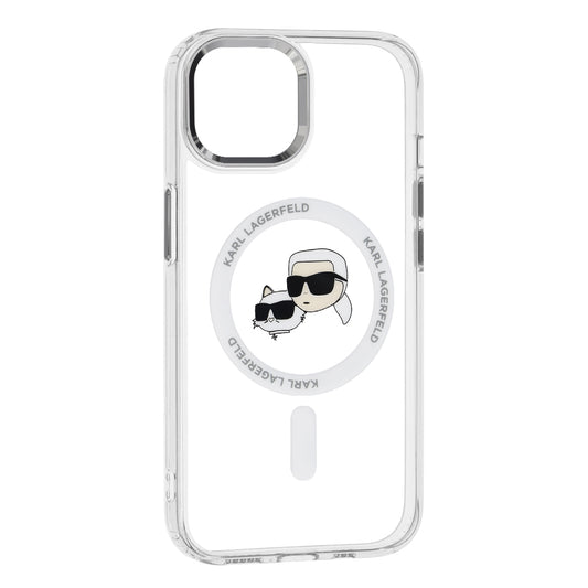Capa MagSafe para Apple iPhone 15, Karl Lagerfeld, IML Metal Karl & Choupette's Heads, Branca