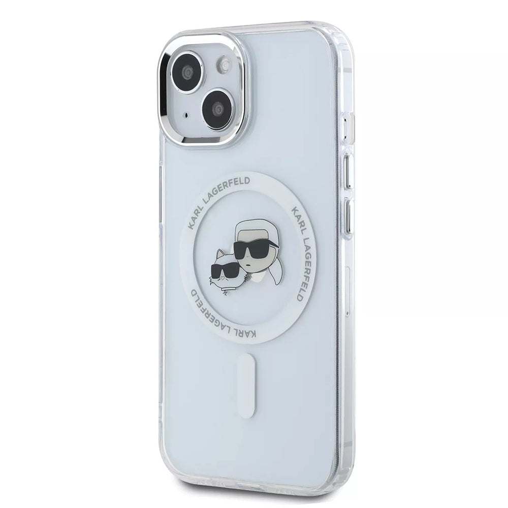 Capa MagSafe para Apple iPhone 15, Karl Lagerfeld, IML Metal Karl & Choupette's Heads, Branca