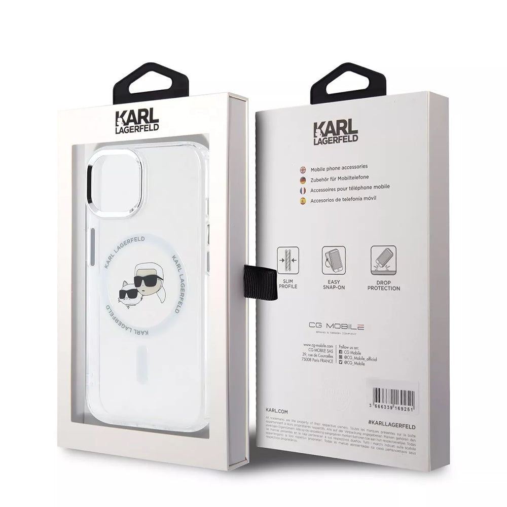 Capa MagSafe para Apple iPhone 15, Karl Lagerfeld, IML Metal Karl & Choupette's Heads, Branca