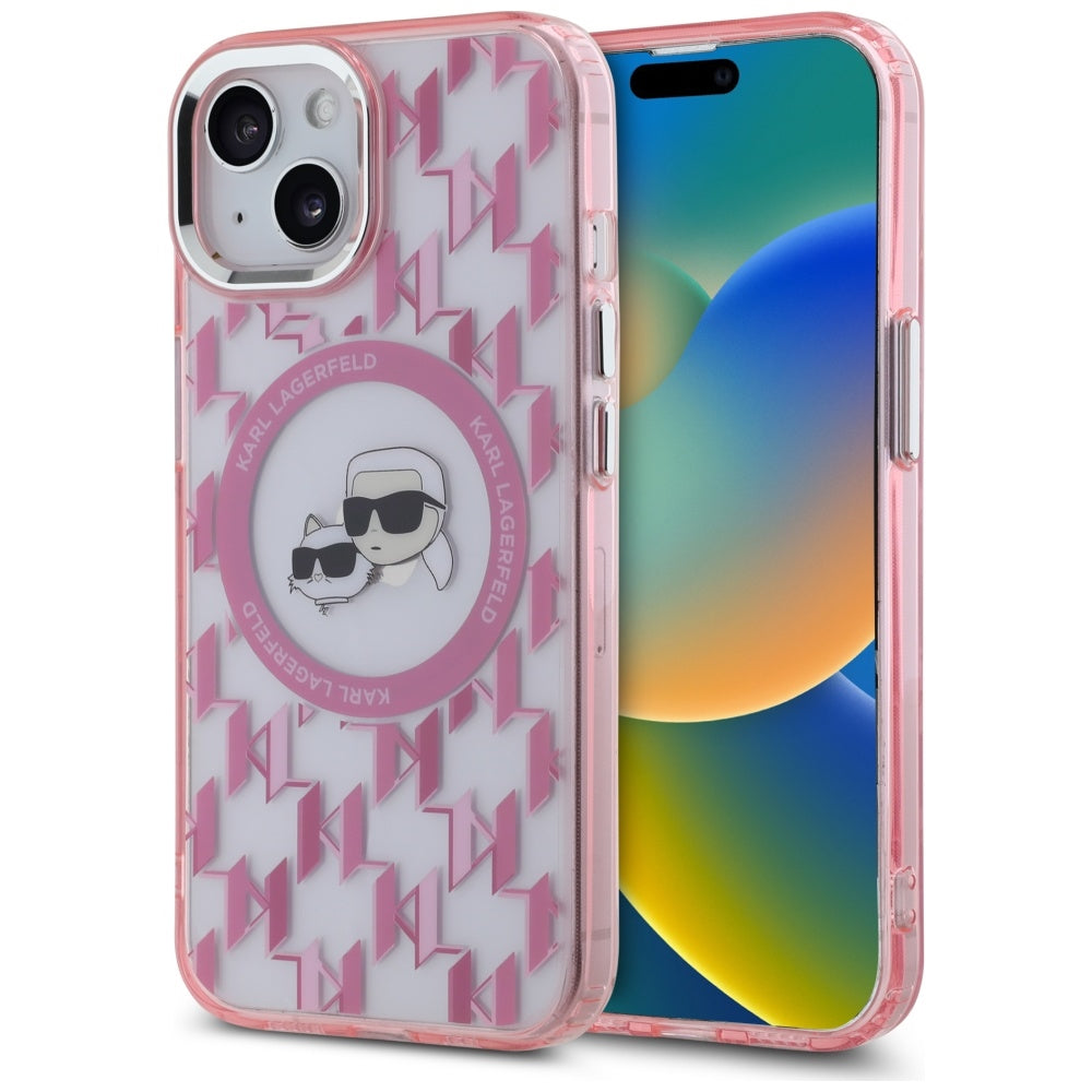 Capa MagSafe para Apple iPhone 15, Karl Lagerfeld, IML Monograma Karl & Cabeças de Choupette, Rosa