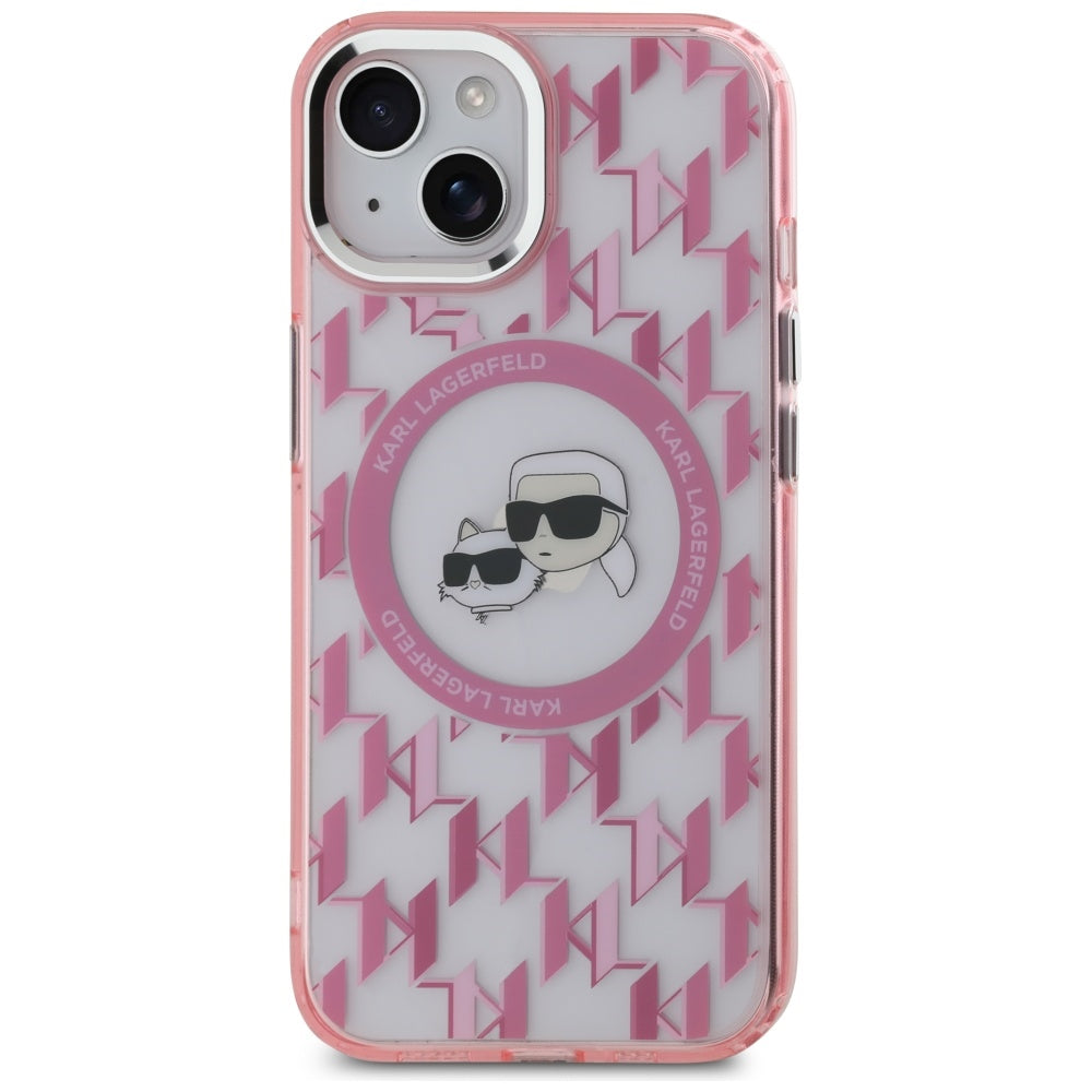 Capa MagSafe para Apple iPhone 15, Karl Lagerfeld, IML Monograma Karl & Cabeças de Choupette, Rosa