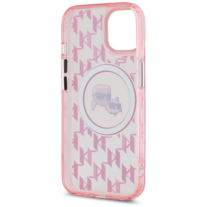 Capa MagSafe para Apple iPhone 15, Karl Lagerfeld, IML Monograma Karl & Cabeças de Choupette, Rosa