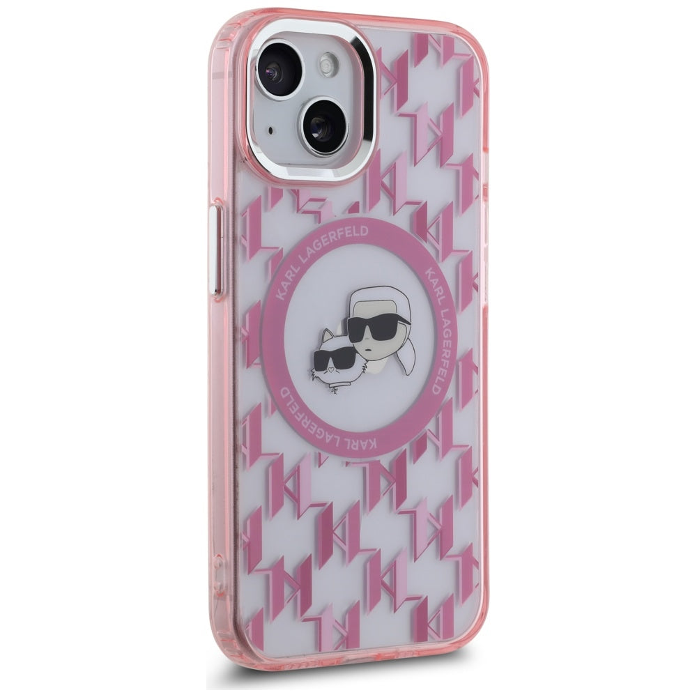 Capa MagSafe para Apple iPhone 15, Karl Lagerfeld, IML Monograma Karl & Cabeças de Choupette, Rosa