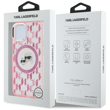 Capa MagSafe para Apple iPhone 15, Karl Lagerfeld, IML Monograma Karl & Cabeças de Choupette, Rosa