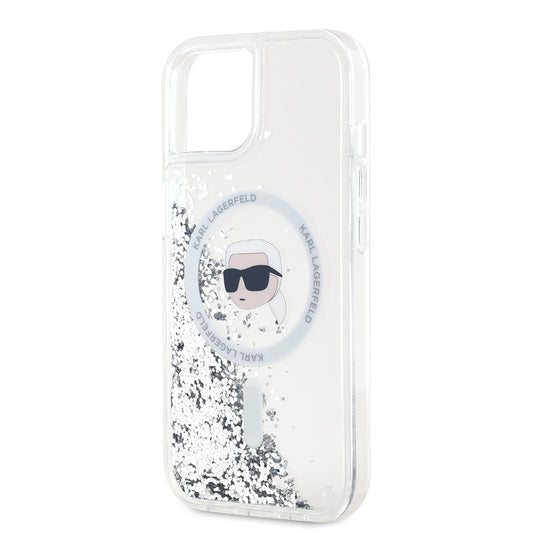 Capa MagSafe para Apple iPhone 15, Karl Lagerfeld, Liquid Glitter Karl's Head, Transparente