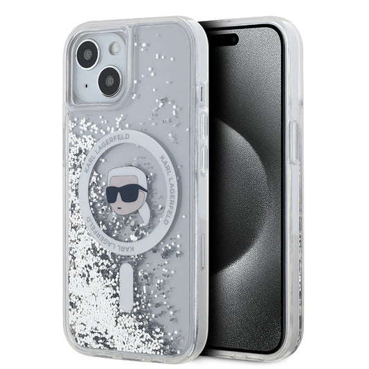 Capa MagSafe para Apple iPhone 15, Karl Lagerfeld, Liquid Glitter Karl's Head, Transparente