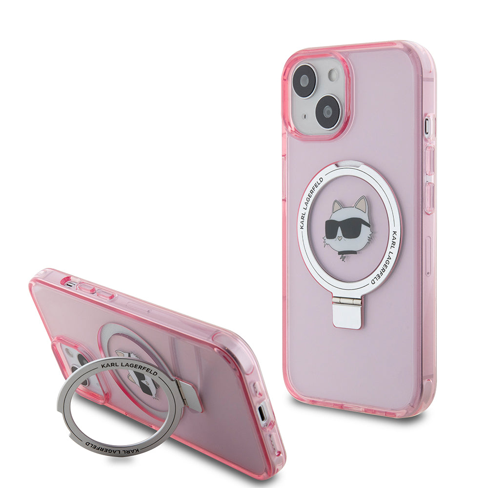 Capa MagSafe para Apple iPhone 15, Karl Lagerfeld, Ring Stand Choupette's Head, Rosa