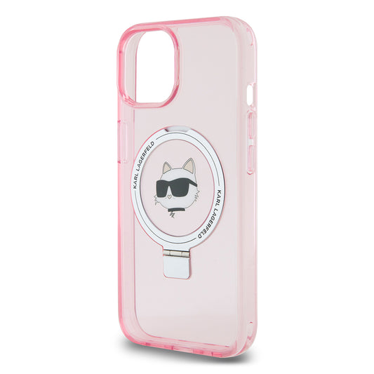 Capa MagSafe para Apple iPhone 15, Karl Lagerfeld, Ring Stand Choupette's Head, Rosa