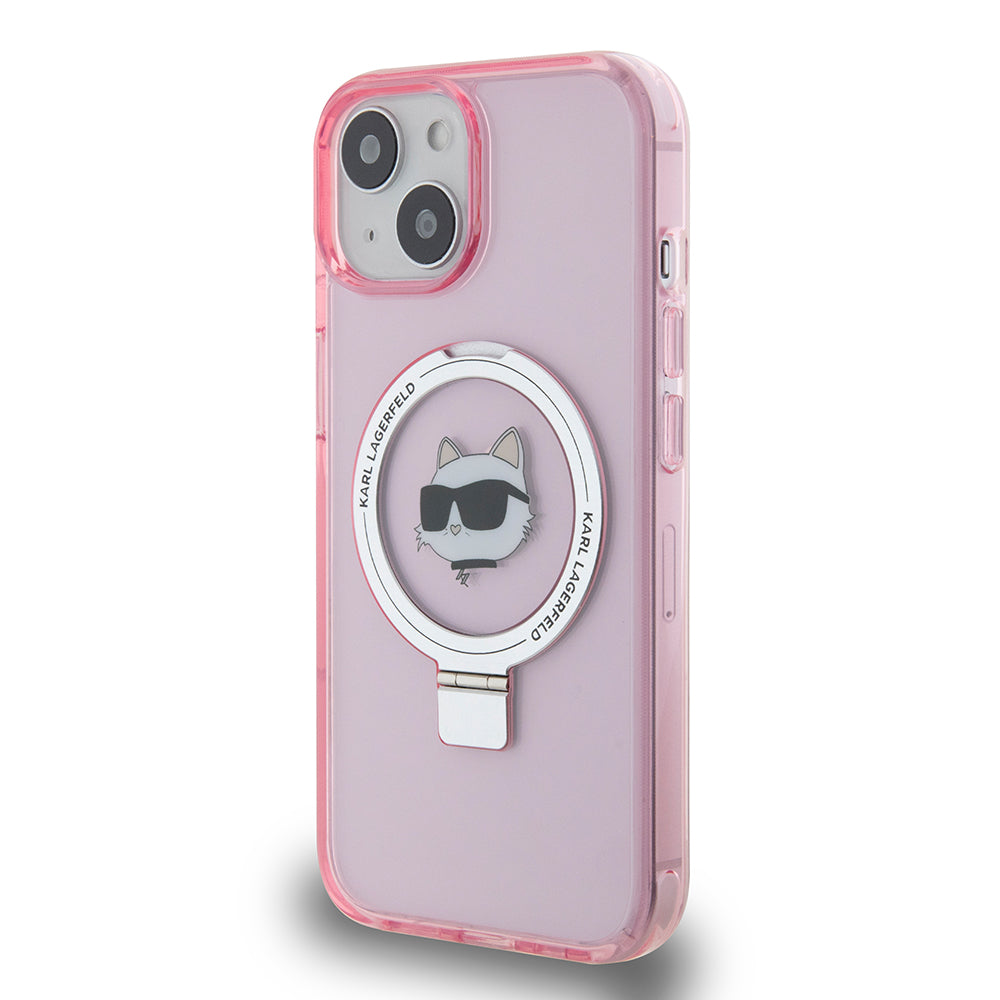 Capa MagSafe para Apple iPhone 15, Karl Lagerfeld, Ring Stand Choupette's Head, Rosa