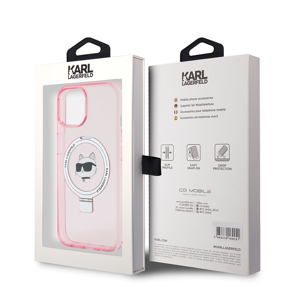 Capa MagSafe para Apple iPhone 15, Karl Lagerfeld, Ring Stand Choupette's Head, Rosa