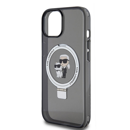 Capa MagSafe para Apple iPhone 15, Karl Lagerfeld, Ring Stand Karl & Choupette, Preta