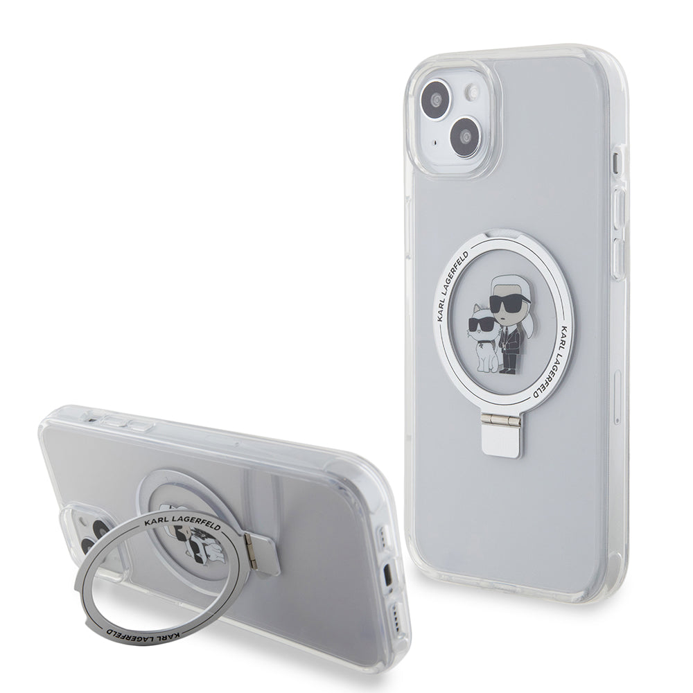 MagSafe Case for Apple iPhone 15 Plus, Karl Lagerfeld, Ringstand Karl and Choupette, White