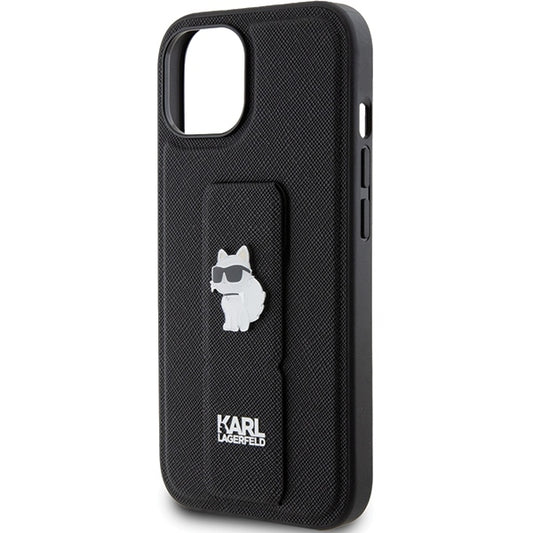 Capa MagSafe para Apple iPhone 15, Karl Lagerfeld, Saffiano Gripstand Choupette, Preta