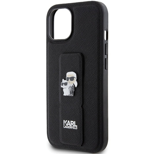 Capa MagSafe para Apple iPhone 15, Karl Lagerfeld, Saffiano Gripstand Karl & Choupette, Preta