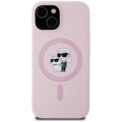Capa MagSafe para Apple iPhone 15, Karl Lagerfeld, Silicone Karl & Choupette, Rosa