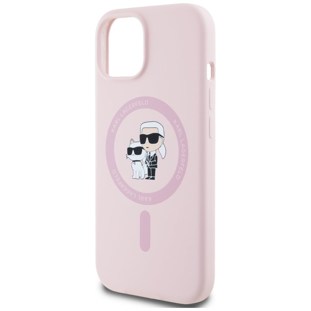 Capa MagSafe para Apple iPhone 15, Karl Lagerfeld, Silicone Karl & Choupette, Rosa