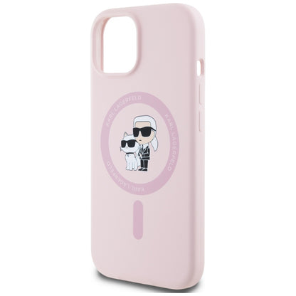 Capa MagSafe para Apple iPhone 15, Karl Lagerfeld, Silicone Karl & Choupette, Rosa