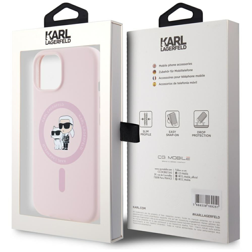 Capa MagSafe para Apple iPhone 15, Karl Lagerfeld, Silicone Karl & Choupette, Rosa