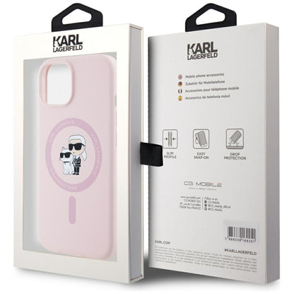 Capa MagSafe para Apple iPhone 15, Karl Lagerfeld, Silicone Karl & Choupette, Rosa
