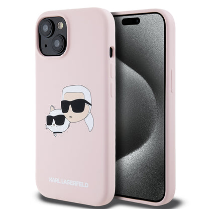Capa MagSafe para Apple iPhone 15, Karl Lagerfeld, Silicone Karl & Choupette's Heads, Rosa