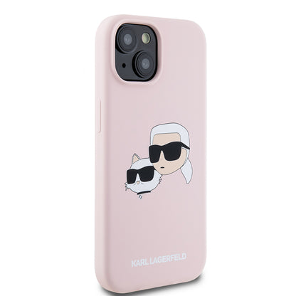 Capa MagSafe para Apple iPhone 15, Karl Lagerfeld, Silicone Karl & Choupette's Heads, Rosa