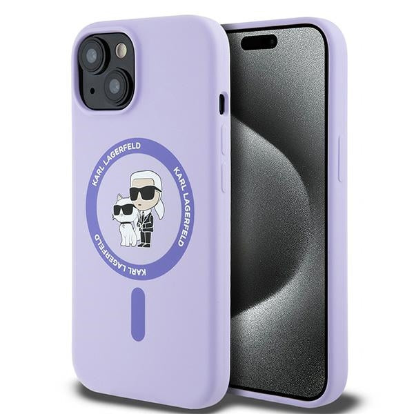 Capa MagSafe para Apple iPhone 15, Karl Lagerfeld, Anel de Silicone Karl & Choupette, Roxo